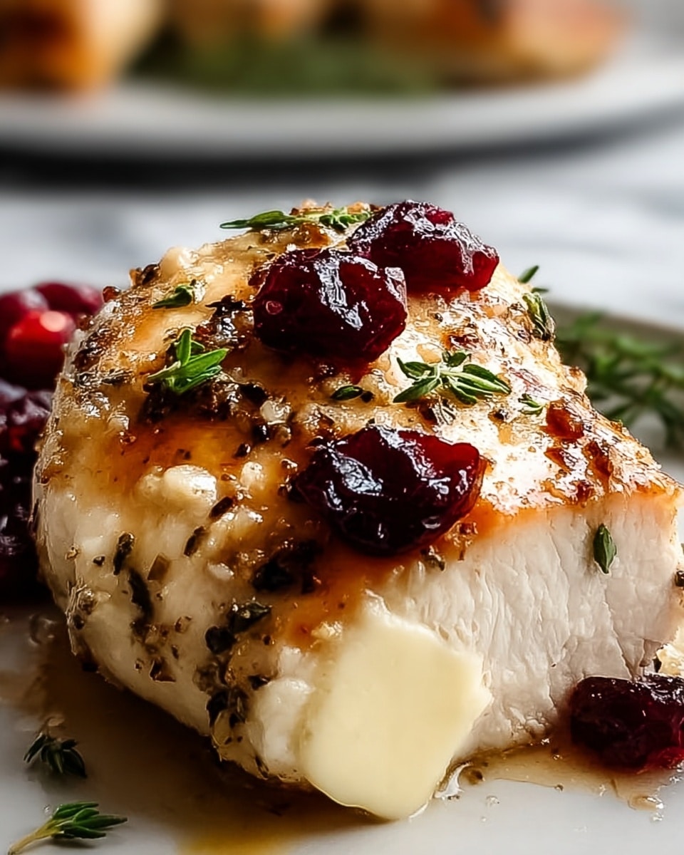 A close-up view of a cooked piece of chicken breast with a golden brown crust, topped with small sprigs of green herbs and three small dollops of shiny, dark red cranberry sauce. A small melting pat of butter is visible on the side of the chicken, near where it has been cut to show the light, tender interior. The dish is placed on a white plate with a few blurred pieces of chicken and cranberry sauce in the background, all on a white marbled surface. Photo taken with an iphone --ar 4:5 --v 7