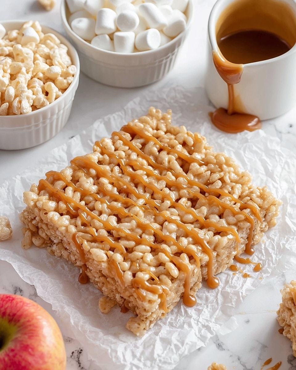 A close-up of a square-shaped rice cereal treat with a light beige color and a bumpy texture from the puffed rice grains, drizzled evenly with a glossy caramel-colored sauce on top, resting on crinkled white parchment paper. Behind the treat are three white bowls: one filled with small white marshmallows, one with light beige puffed rice cereal, and one holding a white pitcher with caramel sauce dripping down its side. The setting is on a white marbled surface with a small part of a red apple visible in the lower left corner. Photo taken with an iphone --ar 4:5 --v 7