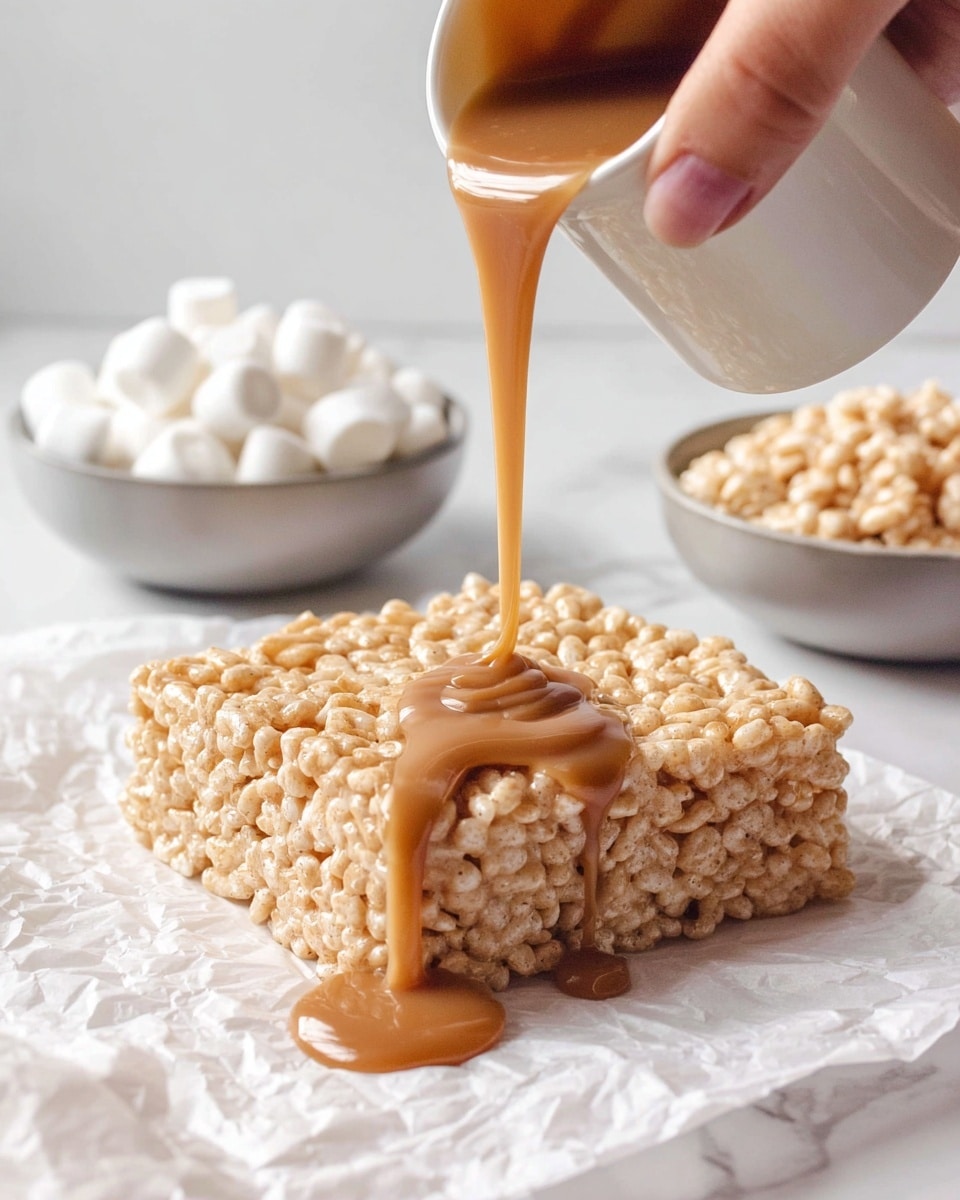 A square-shaped cereal treat made from puffed rice cereal sits on crinkled white parchment paper on a white marbled surface. The treat has a light golden-brown color with visible cereal puff texture. A woman's hand pours a thick, smooth caramel sauce over the top, which cascades down the sides and pools slightly on the paper below. In the background, there are two small silver bowls, one filled with mini white marshmallows and the other with crushed cereal pieces. The scene is bright and softly lit. photo taken with an iphone --ar 4:5 --v 7