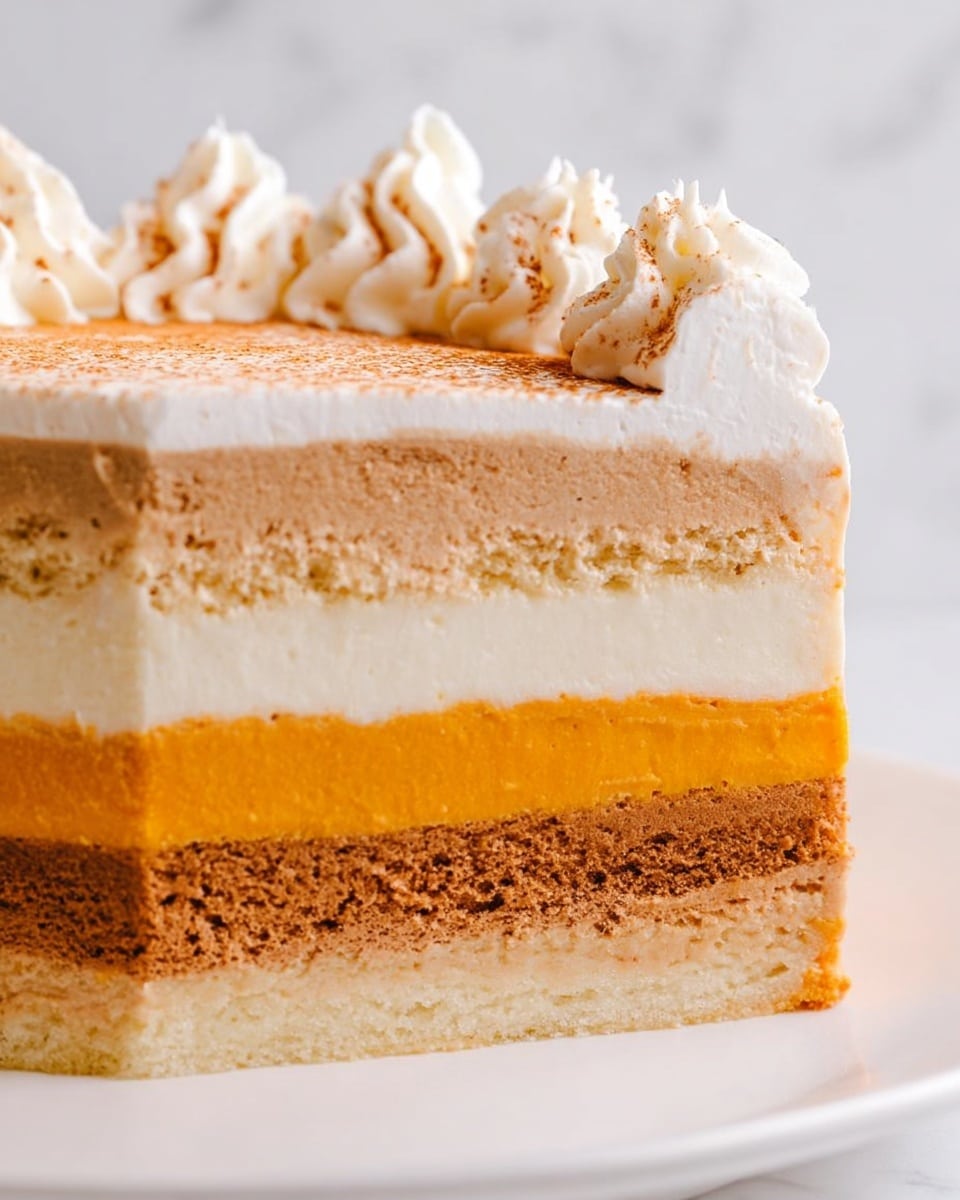 This image shows a close-up of a multi-layered cake with five visible layers from bottom to top: a light beige cake layer, a thin white creamy layer, a medium brown cake layer, a thick vibrant orange creamy layer, and a thick light beige creamy layer on top. The top edge of the cake is decorated with white cream swirls, lightly dusted with a brown powder. The cake sits on a white plate, against a white marbled texture background. photo taken with an iphone --ar 4:5 --v 7