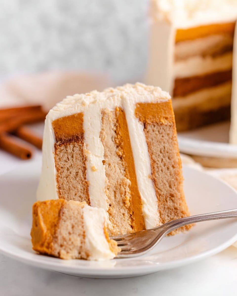 A slice of layered cake on a white plate, with four distinct layers visible: the first is a creamy off-white frosting that coats the outside and the top, the second layer is a light brown spongy cake, the third layer is a smooth, dense orange filling resembling pumpkin, and the last layer is again the creamy off-white frosting. A small piece of the cake with the same layers is on a fork in front of the slice. The background has a white marbled texture, and there are blurred cinnamon sticks in the distance. Photo taken with an iphone --ar 4:5 --v 7