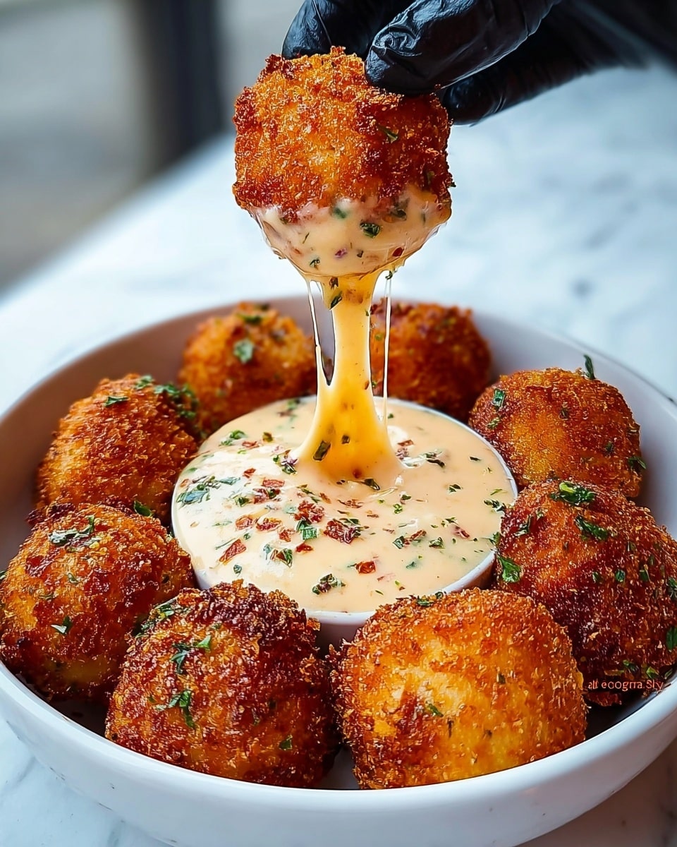 A white bowl filled with nine golden brown, crispy fried balls arranged around a creamy sauce in the center. The sauce is light beige with visible green and red herbs sprinkled on top, giving a textured look. One of the fried balls is held above the bowl by a black-gloved woman's hand, showing stringy melted cheese stretching from the sauce to the ball. The fried balls have a rough, crunchy surface with some herbs visible on them. The scene is set on a white marbled surface, with soft natural light highlighting the texture and colors. Photo taken with an iphone --ar 4:5 --v 7