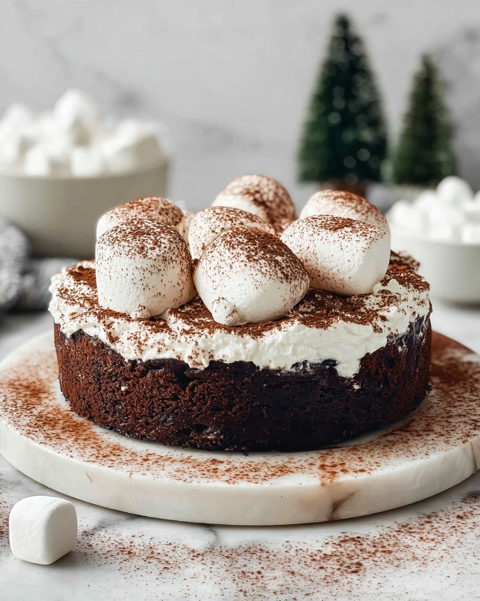 A round cake with a thick, dark brown base layer that looks dense and moist. On top, there is a thick layer of white whipped cream spread unevenly, dusted with brown cocoa powder. Seven large white marshmallows, each sprinkled with cocoa powder, sit on the whipped cream, arranged in a loose circle and some laying on their sides. The cake is placed on a white marbled round board with cocoa powder scattered around the base. Two white marshmallows lie next to the cake on the marbled surface. The background shows small green decorative trees and a white bowl filled with marshmallows. photo taken with an iphone --ar 4:5 --v 7