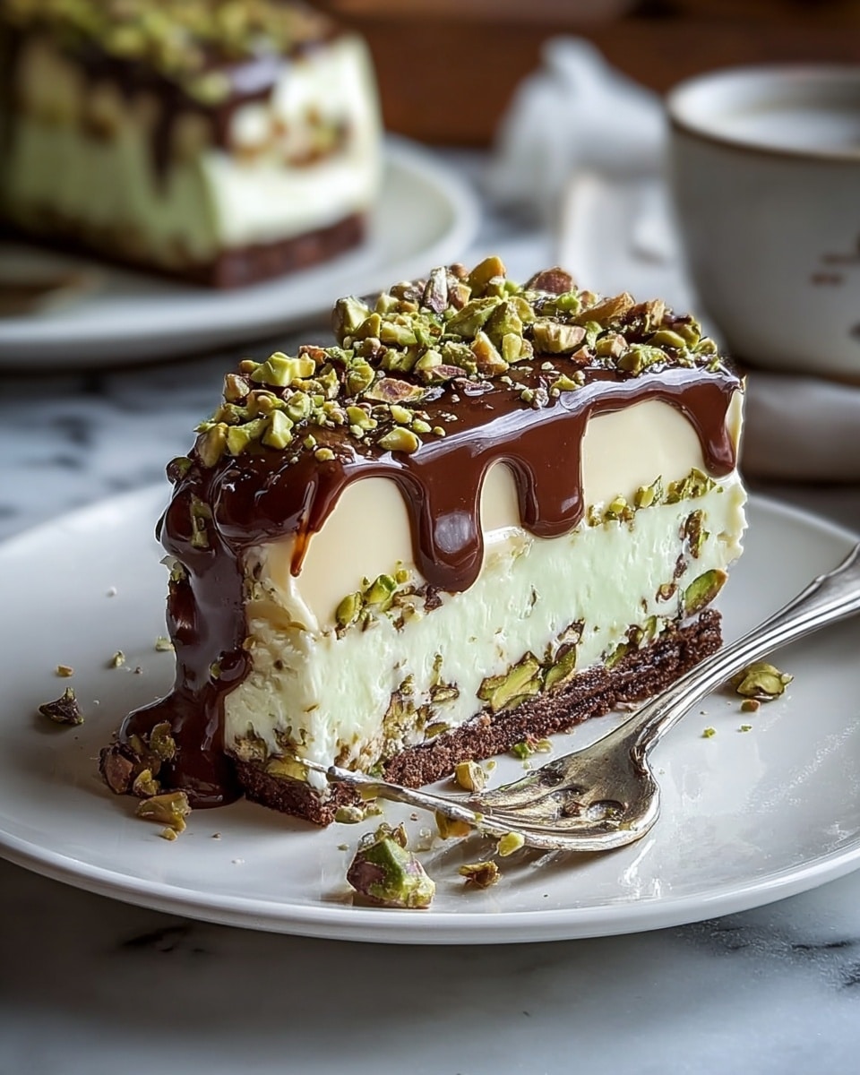 A white plate holds a slice of layered dessert with four main layers. The bottom layer is a dark brown crust, firm and crumbly. Above this is the first creamy white layer, studded with small green pistachio pieces and some crumbs. The third layer is thicker, smooth, and pale greenish-white, sitting just beneath a glossy dark brown chocolate layer that drips thickly down the sides. The top is sprinkled generously with crushed pistachio nuts. A silver fork rests beside the slice on the plate, which is set on a white marbled surface. In the background, there is a blurred cup and another slice on a white plate. Photo taken with an iphone --ar 4:5 --v 7