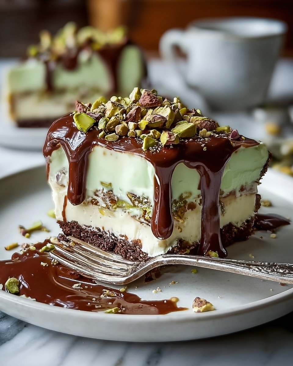 A slice of layered dessert sits on a white plate, showing three main layers: a bottom crumbly dark chocolate crust, a thick middle light green creamy layer with bits of nuts, and a top pale green creamy layer. Rich, glossy chocolate sauce drips over the top and down the sides. The top of the dessert is sprinkled with whole and chopped pistachio nuts. A silver fork rests on the plate, with some chocolate sauce spreading beneath it. The background is softly blurred with another dessert and a cup, set on a white marbled surface. Photo taken with an iphone --ar 4:5 --v 7