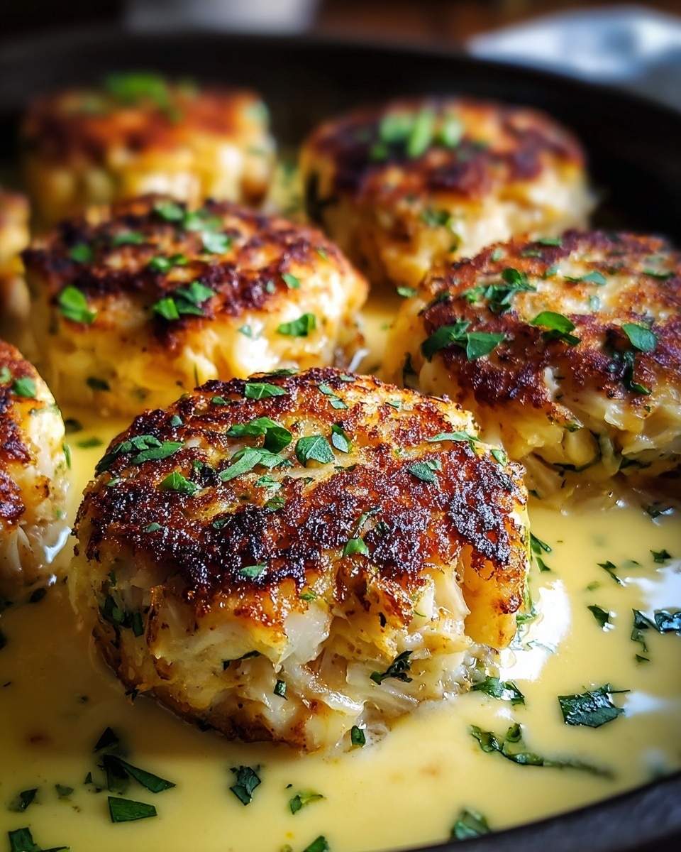 Six golden brown crab cakes with a crispy, slightly charred outer layer sit closely together in a dark pan, each topped with small green herb pieces. The cakes rest on a light yellow creamy sauce that pools around their bases, garnished with more chopped green herbs, creating a fresh contrast. The crab cakes have a textured surface from the crab meat and seasoning, and the background is softly blurred with a white marbled texture underneath. photo taken with an iphone --ar 4:5 --v 7