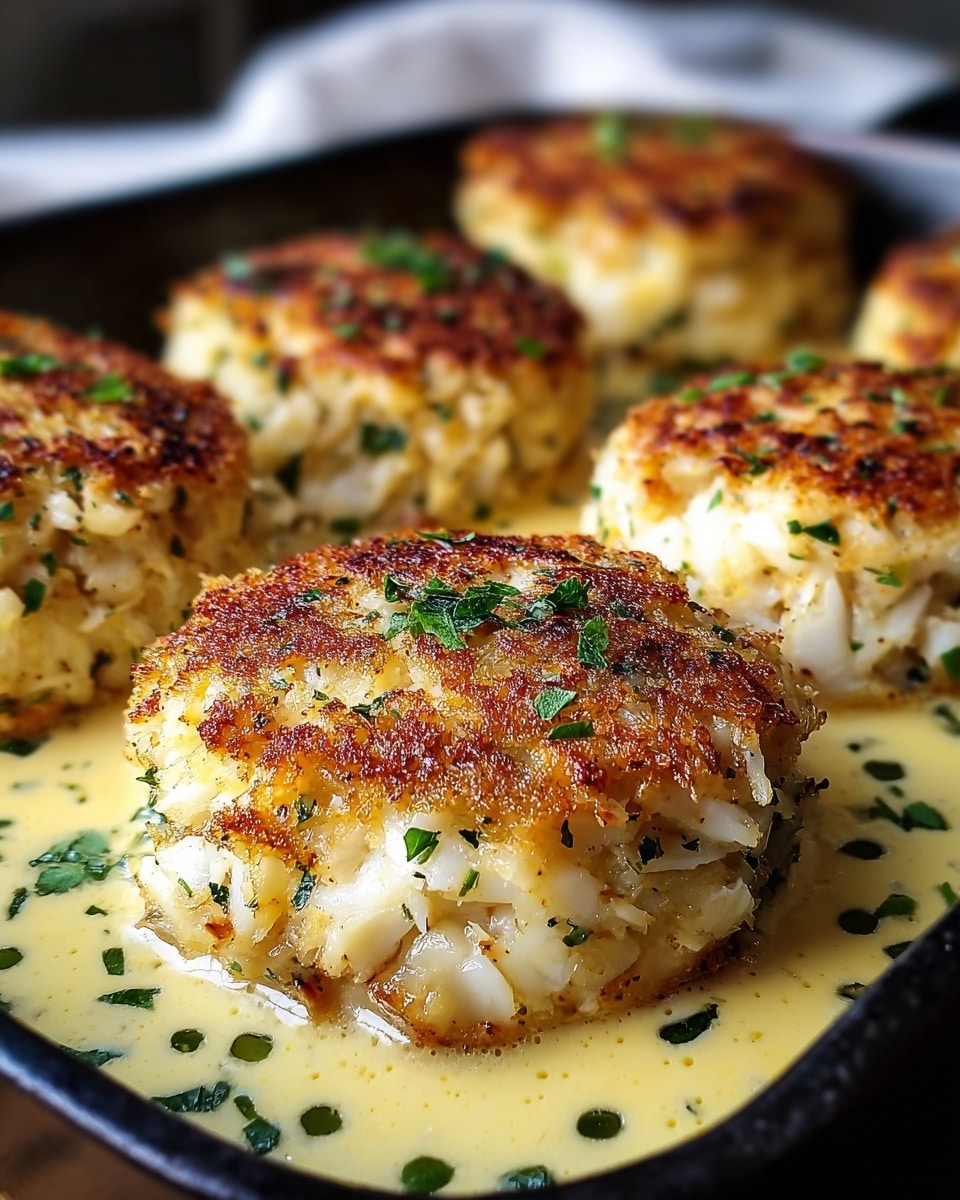 The image shows six golden-brown crab cakes with a crispy, textured top layer, sitting on a creamy pale yellow sauce with small green herb pieces sprinkled around. Each crab cake has a thick, dense middle layer made up of white crab meat mixed with herbs. The crab cakes are placed closely together in a black baking dish that contrasts with the white marbled surface under it. The green herbs on top add a fresh look, and the lighting highlights the crispy edges while the background softly blurs the rest of the cakes. photo taken with an iphone --ar 4:5 --v 7