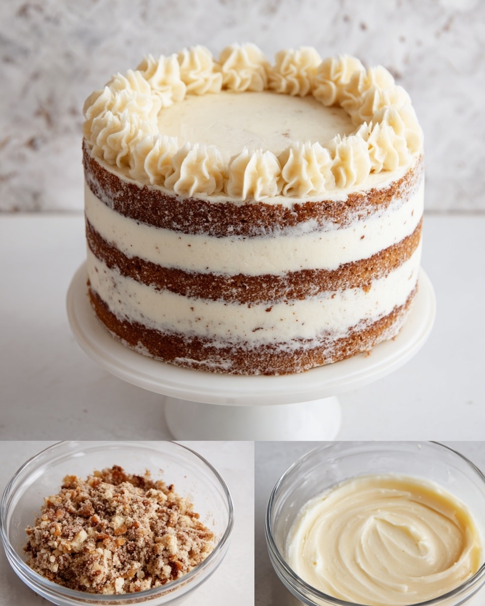 The image shows a tall layered cake with three visible layers of moist brown cake separated by two thick layers of creamy white frosting. The frosting covers the sides slightly thin, allowing specks of the cake to show through for a semi-naked look. The top of the cake is smooth with a ring of soft, piped rosettes or swirls around the edge in the same creamy frosting. The cake sits on a simple white cake stand, and the background features a white marbled texture, adding a clean and elegant look. photo taken with an iphone --ar 4:5 --v 7