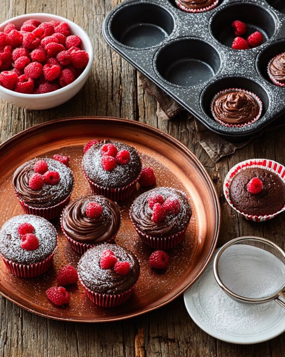 The image shows a round copper tray with six chocolate cupcakes, each topped with a shiny layer of smooth chocolate frosting and decorated with fresh red raspberries, three to four on each cupcake, dusted lightly with powdered sugar. Behind the tray, a black muffin pan holds six plain chocolate cupcakes without frosting, slightly sunken in the middle, one cupcake placed beside the pan in a white and red striped liner. To the left of the tray, a white bowl filled with fresh raspberries sits on a rustic wooden table. On the right side, a small white plate with a mesh sieve is dusted with powdered sugar, resting on the same wooden table. The whole scene sits on a white marbled textured surface. photo taken with an iphone --ar 4:5 --v 7