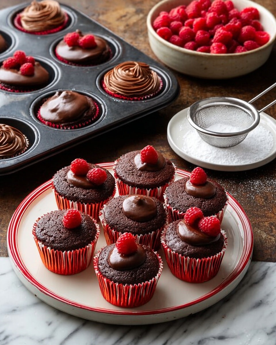 The image shows seven chocolate cupcakes on a round white plate with red and white striped wrappers, each topped with a smooth layer of shiny dark chocolate frosting and decorated with three bright red raspberries. The cupcakes have a soft, moist texture visible under the frosting. Behind the plate, a black muffin tray holds six more chocolate cupcakes, some with a swirl of chocolate frosting and one without frosting. To the right, there is a small white plate with a metal sieve containing powdered sugar, dusted lightly around it. A small bowl filled with fresh red raspberries sits to the upper left on a white marbled surface. photo taken with an iphone --ar 4:5 --v 7