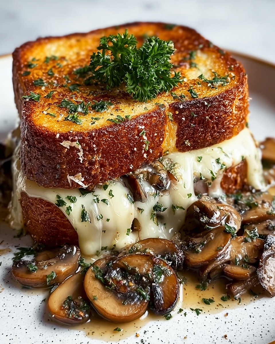 A close-up view of a grilled cheese sandwich with two thick golden brown toasted bread slices, the top slice is crisp and shiny with green herb sprinkles and a small bunch of fresh curly parsley in the center. Between the bread slices is a thick layer of melted cheese that is creamy white and stretchy, dripping down the sides. Under the cheese are sautéed brown mushroom slices, glistening with a light sauce, some spilling onto the white plate around the sandwich. The plate surface has subtle speckles and a white marbled texture background. Photo taken with an iphone --ar 4:5 --v 7