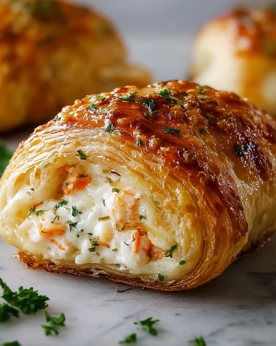 A close-up of a golden brown puff pastry roll with a flaky, layered texture showing several thin layers on the outer crust. The top layer is shiny with melted cheese and small green herb flakes sprinkled. Inside, creamy white cheese filling mixed with small bits of orange vegetables and green herbs is visible. The pastry is resting on a white marbled surface with scattered parsley leaves around it. The background is softly blurred with another pastry in view. photo taken with an iphone --ar 4:5 --v 7
