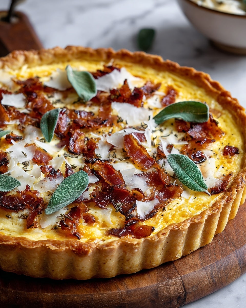 A savory tart is shown with a crispy golden crust forming the base and sides, holding a creamy yellow filling that looks smooth with some bubbling on top. Scattered over the filling are crispy browned bacon pieces with a shiny, slightly oily texture, along with sprinkled white cheese shreds that add a soft contrast. Several fresh green sage leaves are laid on the tart’s surface, giving a pop of color and texture. The tart rests on a wooden board, with a bowl slightly blurred in the background on a white marbled surface. photo taken with an iphone --ar 4:5 --v 7