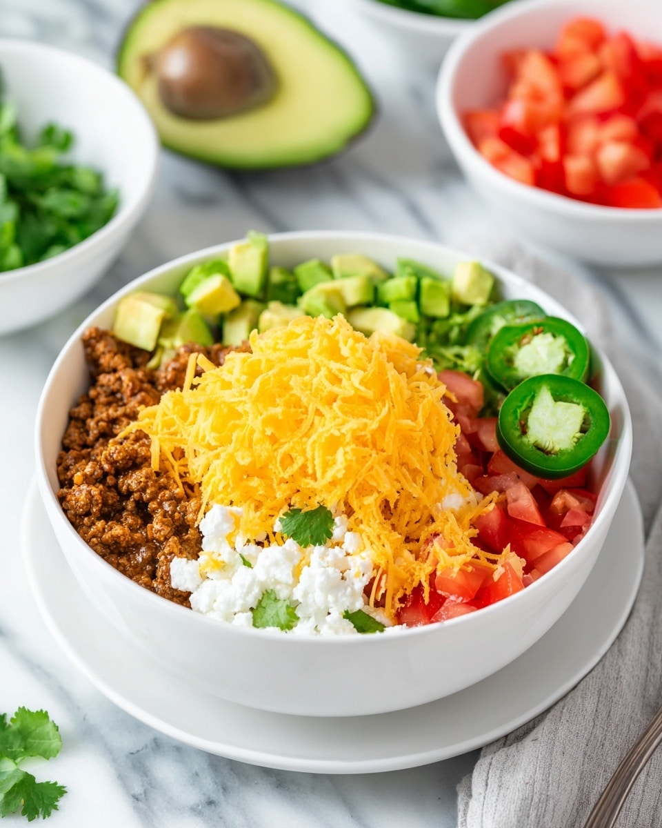 A white bowl filled with four main layers: the bottom layer is loose cooked ground meat in a brown sauce, topped with white cottage cheese mixed with small green cilantro leaves. On one side there are fresh red tomato chunks, on the opposite side diced light green avocado pieces, with bright green fresh cilantro leaves scattered around. On top of the cottage cheese is a generous pile of shredded yellow cheddar cheese, and beside it are two slices of dark green jalapeño pepper with seeds inside. The bowl sits on a white plate, all placed on a white marbled surface. In the background are bowls with chopped tomatoes, cooked ground meat, and an avocado half. Photo taken with an iphone --ar 4:5 --v 7