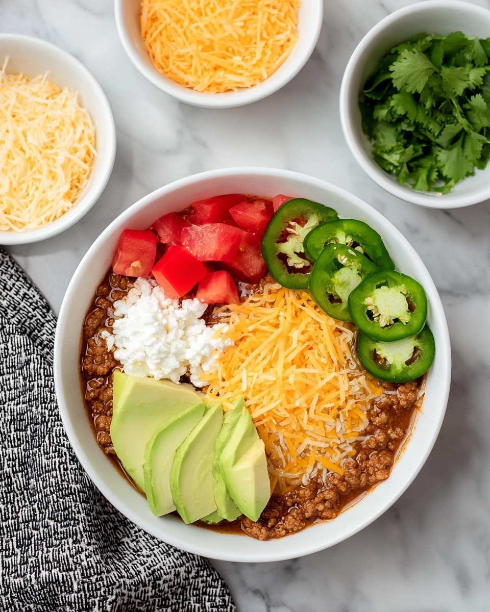 A white bowl filled with a dish showing several layers: the bottom layer is a thick, brown chili with visible ground meat and beans; on top of the chili is a small pile of white cottage cheese with a soft, lumpy texture; next is a generous sprinkle of shredded bright orange cheddar cheese; on one side are slices of fresh green avocado with smooth texture; beside the avocado are chopped red tomatoes cut into chunks; and on the other side are three circular slices of fresh green jalapeño with visible seeds. Surrounding the bowl are small white bowls containing shredded cheddar and fresh green cilantro, all placed on a white marbled surface with a black and white patterned cloth nearby. photo taken with an iphone --ar 4:5 --v 7