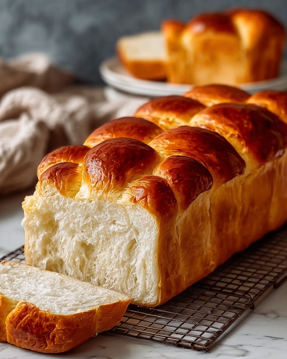 A loaf of freshly baked bread with a shiny, deep golden-brown top crust, made up of small rounded sections forming a soft, pillowy, braided texture. The loaf is cut to show the inside, which is fluffy, soft, and white with an airy texture. It sits on a wire cooling rack over a white marbled surface. In the background, there is a white plate holding more bread, slightly blurred to keep the focus on the loaf. The lighting highlights the bread’s glossy top and soft inside, giving it a warm and inviting look. Photo taken with an iphone --ar 4:5 --v 7