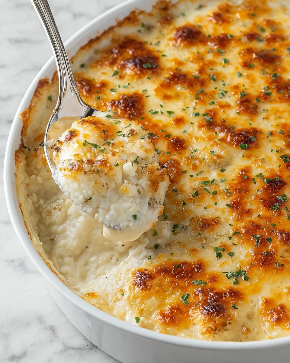 This dish shows a baked casserole with two visible layers: the top layer is golden brown and bubbly melted cheese with some browned spots, and small green herbs sprinkled on top. The layer under the cheese is creamy white with a thick, soft texture that looks like a mix of cauliflower and cheese sauce. A silver spoon is partially scooping into the dish, revealing the creamy inside, and the white bowl holding the casserole sits on a white marbled texture. photo taken with an iphone --ar 4:5 --v 7