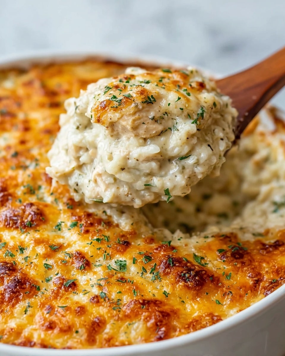A close-up view of a creamy, cheesy casserole with a golden-brown top layer covered with small green herbs. The dish has a thick, white creamy base with bits of chicken and rice mixed inside. The top layer is toasted cheese with a slightly crispy, browned texture sprinkled with finely chopped green herbs. A wooden spoon lifts a portion from a round white dish, showing the soft, rich inside that contrasts with the crusty cheese surface. The whole dish rests on a white marbled surface. photo taken with an iphone --ar 4:5 --v 7