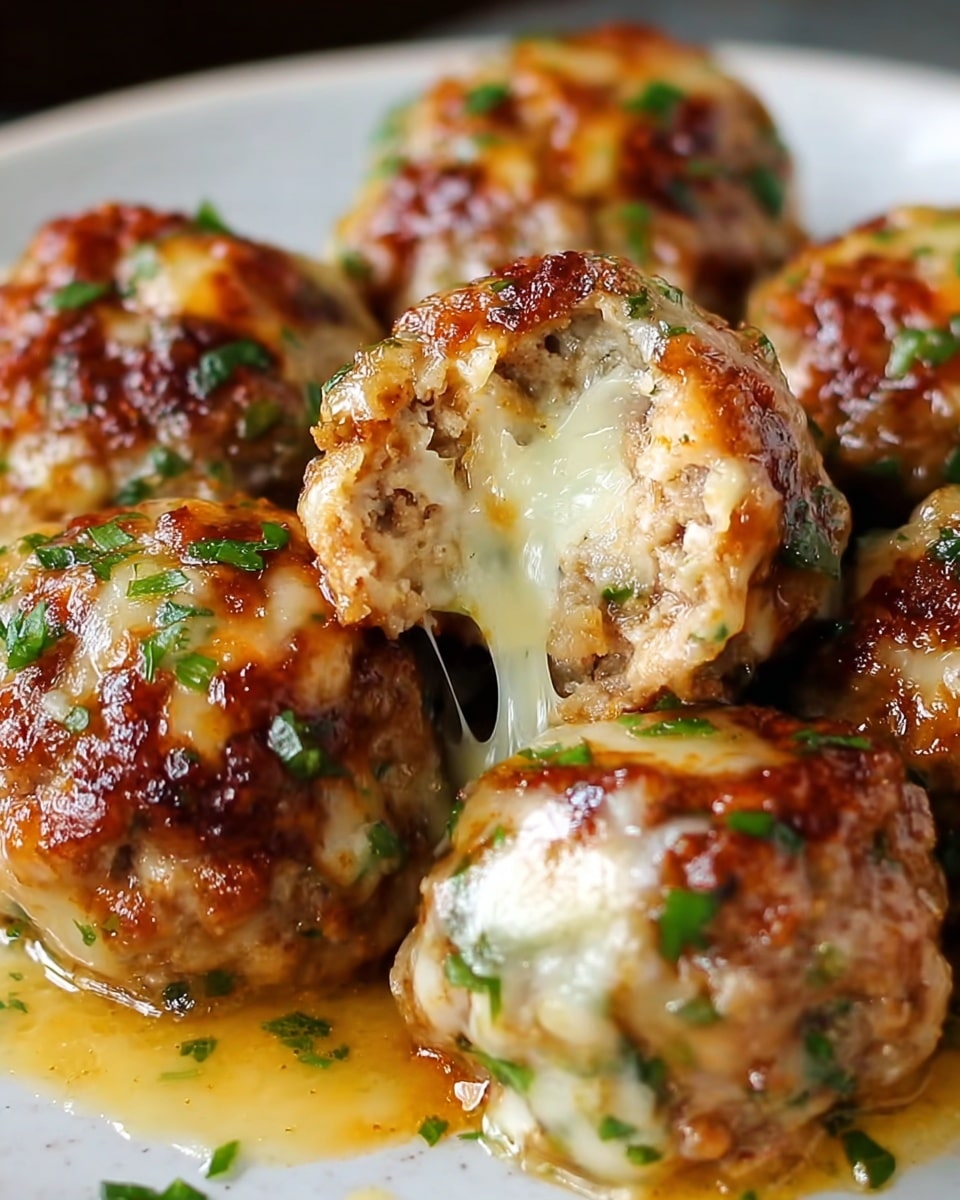The image shows several golden-brown meatballs with a slightly crispy texture, each topped with melted cheese and small green herb pieces, arranged closely on a white plate. The meatballs have a juicy sauce pooling around their base, and one meatball in the center is bitten into, revealing a creamy white cheese center with stretchy melted cheese strands inside. The surface underneath is a white marbled texture, adding a clean, light background to the rich colors of the dish. photo taken with an iphone --ar 4:5 --v 7