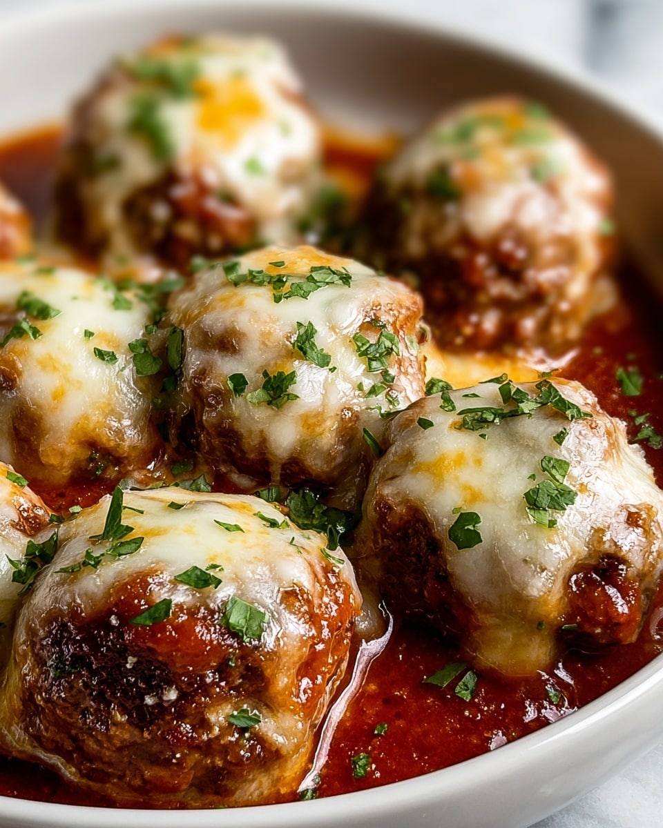A close-up view of several meatballs in a white bowl, each meatball covered with melted golden cheese on top, sprinkled with small green herb pieces. The meatballs sit in a rich, thick red tomato sauce that fills the bottom of the bowl. The cheeses look smooth and slightly browned, mixing with the sauce that has a glossy texture. The scene is set on a white marbled surface. photo taken with an iphone --ar 4:5 --v 7