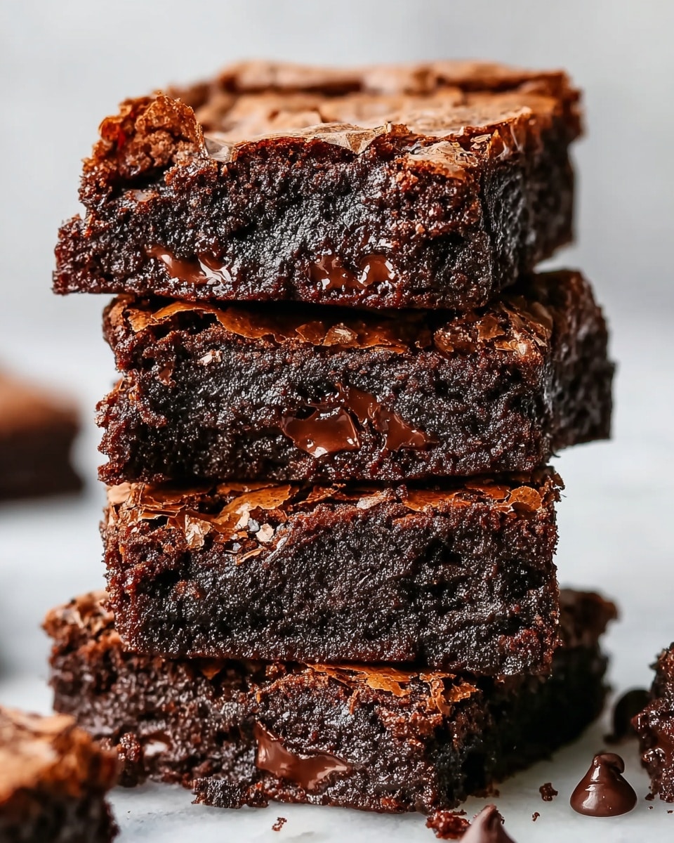 The image shows a close-up of four stacked chocolate brownies on a white marbled surface. Each brownie has a cracked, slightly crispy top layer that is a rich dark brown color. Inside, the brownies are dense and moist with a gooey, melted chocolate texture visible in between layers. The edges are slightly crumbly, and there are a few scattered chocolate chips and crumbs around the stack. The stack forms a neat pile with the top brownie slightly angled to show the rich chocolate filling inside. Photo taken with an iphone --ar 4:5 --v 7