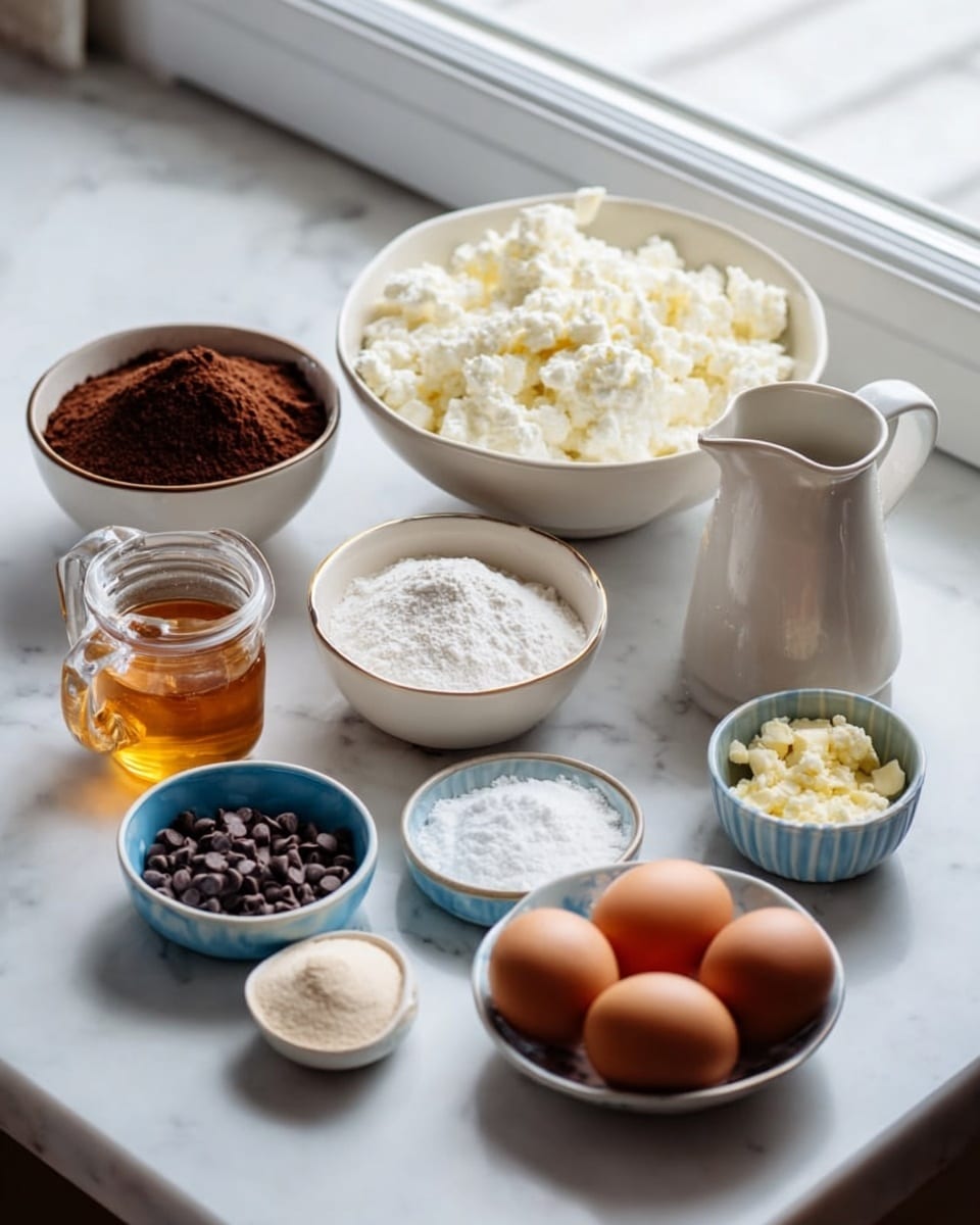 Nine white bowls and small dishes are arranged neatly on a white marbled texture surface by a window, each filled with different baking ingredients. From left to right, there is a white bowl filled with a dark brown powder, a larger white bowl filled with white cottage cheese that has a rough, lumpy texture, and a white jug with a handle filled with golden honey. In front of these, there is a small white dish with darker brown vanilla extract, a blue and white dish with round chocolate chips, and another smaller white dish with white salt. There is a blue bowl with white powder that looks like sugar, a small plate with light yellow crumbs, and a blue and white dish holding three brown eggs. The overall scene is bright, natural, simple, and clean. photo taken with an iphone --ar 4:5 --v 7