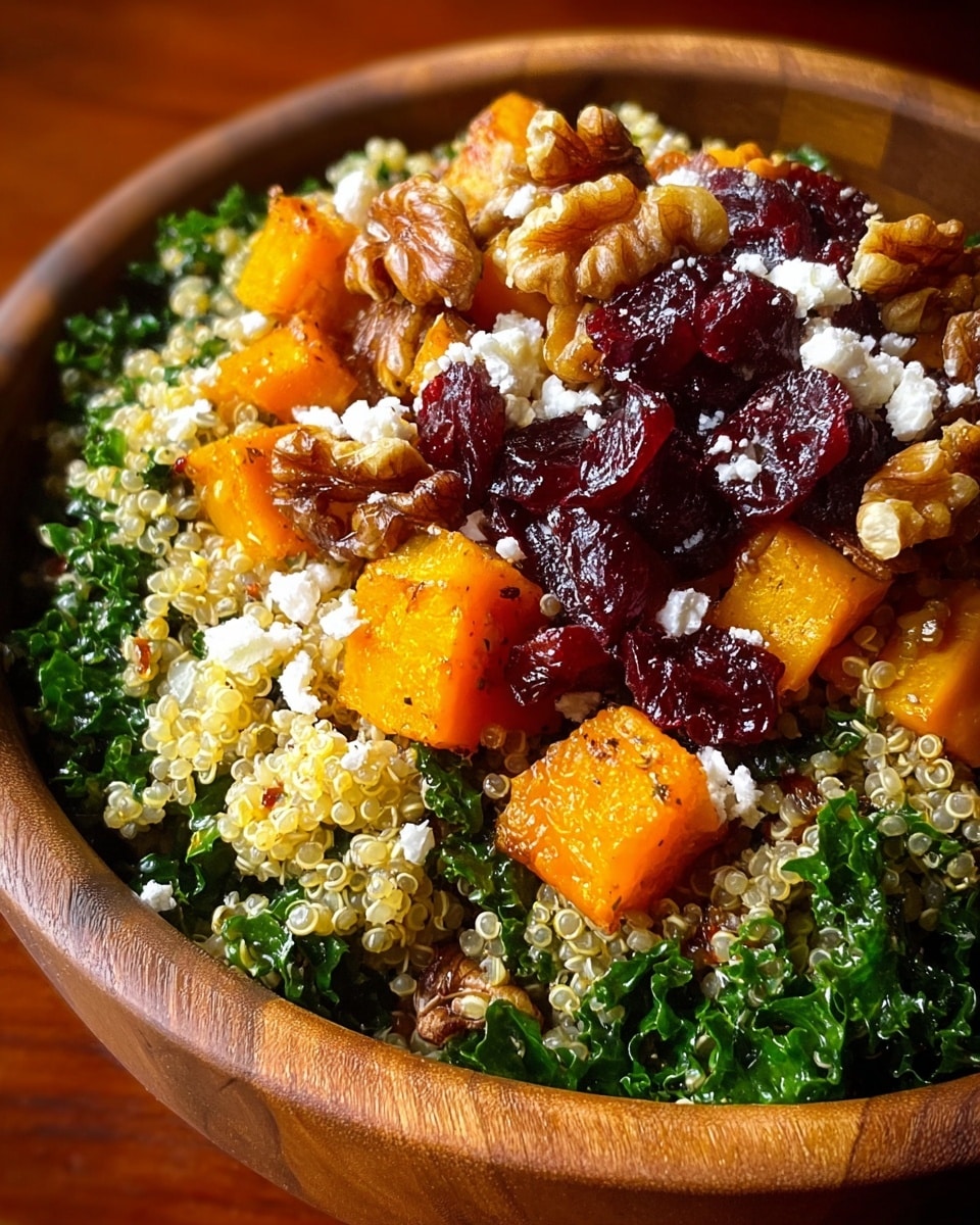 A close-up view of a wooden bowl filled with a colorful salad made of four visible layers: the bottom layer is a green kale base with curly leaves, the second layer is fluffy, light yellow quinoa grains scattered evenly, the third layer shows bright orange roasted cubes of squash or sweet potato mixed in, and the topmost layer is a mix of glossy, dark red dried cranberries and whole, brown walnuts, with small white crumbles of cheese sprinkled throughout. The textures contrast from soft quinoa and kale to crunchy nuts and chewy dried fruit. The bowl sits on a surface with a warm, wooden tone. photo taken with an iphone --ar 4:5 --v 7
