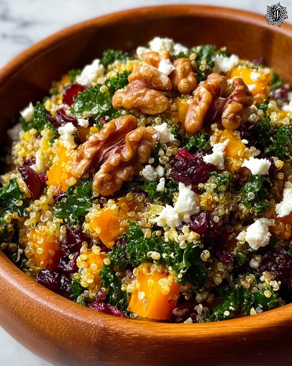 A close-up view of a bowl filled with a colorful layered salad. The bottom layer shows small, light yellow quinoa grains. Above the quinoa, there are pieces of bright orange roasted squash scattered. Dark green, finely chopped kale is mixed evenly throughout the dish. Red dried cranberries add pops of deep red color, and creamy white crumbles of cheese are spread on top. Large, shiny brown walnut halves rest on the surface, adding texture and depth. The bowl itself is a warm brown wooden bowl, placed on a white marbled background. photo taken with an iphone --ar 4:5 --v 7