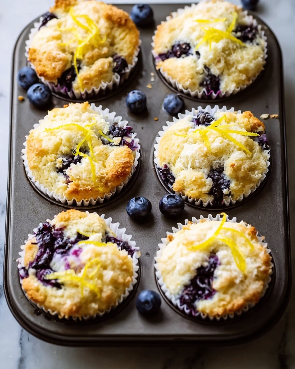 Six blueberry muffins sit in a dark metal muffin tray, each in a white paper liner. The muffins have a golden brown top with a textured, crumbly surface and fresh blueberries embedded throughout, some partially bursting, revealing dark purple juice. Thin strips of bright yellow lemon zest are sprinkled on top, adding a contrast to the light muffin and deep blue berries. A few loose blueberries rest around the tray, which is placed on a white marbled surface. photo taken with an iphone --ar 4:5 --v 7