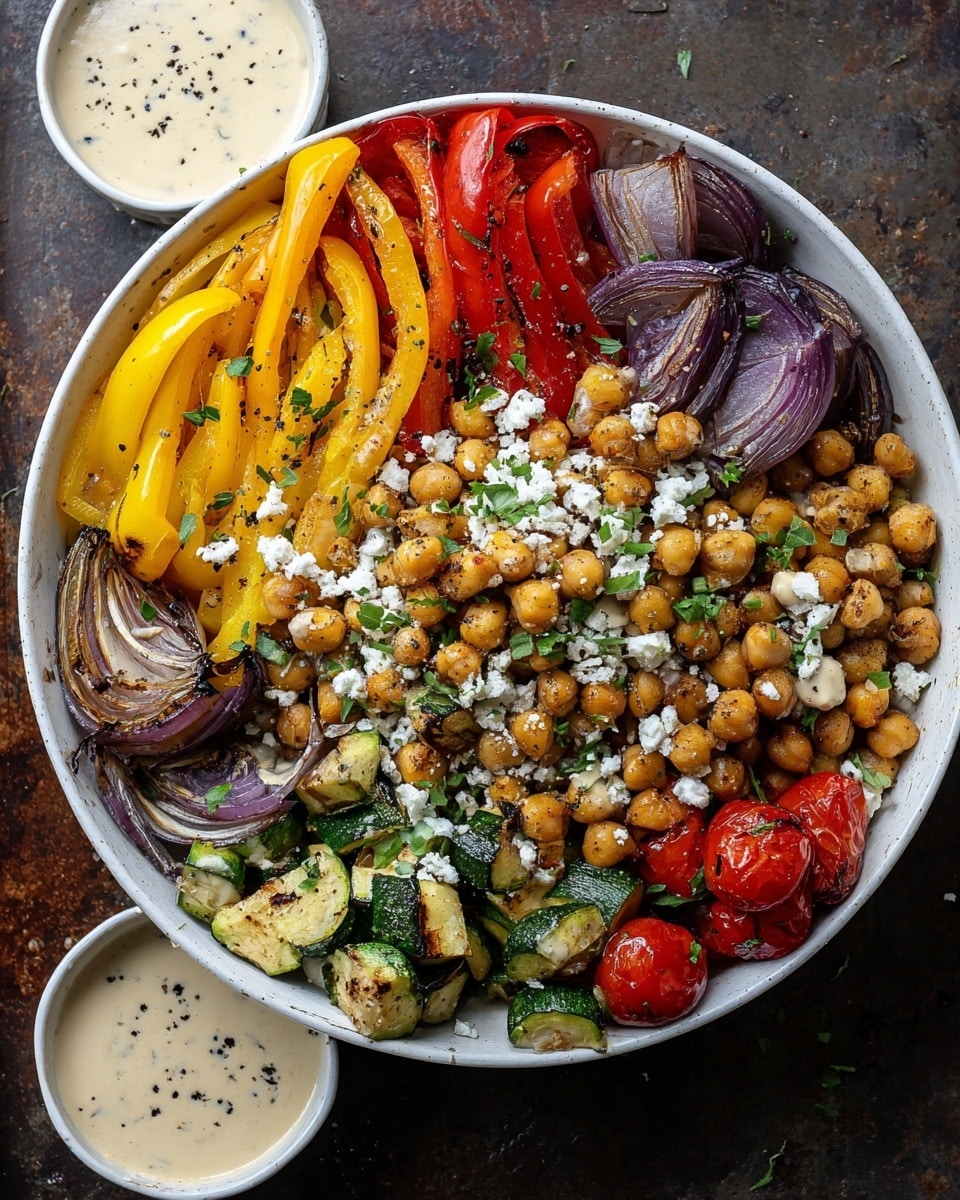 A white bowl filled with a colorful mix of grilled vegetables layered around the edge, including bright yellow and red bell pepper strips on the left, deep purple grilled onion slices below, dark green and beige grilled zucchini chunks on the right, and roasted red cherry tomatoes at the bottom right. In the center lies a generous mound of golden roasted chickpeas topped with white crumbled cheese and sprinkled with chopped green herbs. Drizzled over some chickpeas is a creamy light beige sauce. The bowl sits on a dark rustic surface, with two small round white bowls of a creamy sauce with black pepper flecks visible at the top. photo taken with an iphone --ar 4:5 --v 7