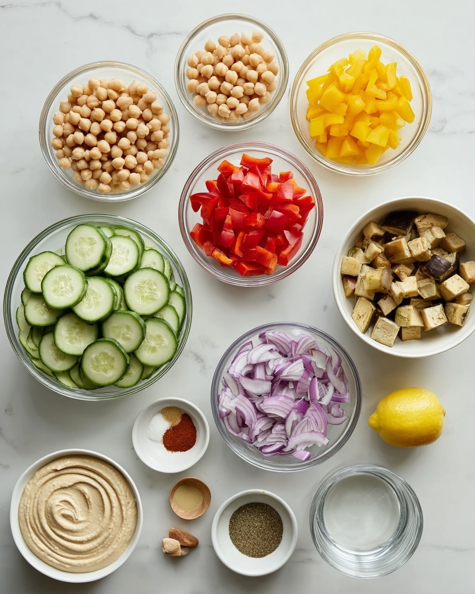 The image shows several clear glass and white bowls arranged neatly on a white marbled surface, each holding different ingredients. At the center, there is a glass bowl filled with cucumber slices in green and pale tones, layered evenly. Above it, three glass bowls contain small round beige chickpeas, diced bright red bell peppers, and diced yellow bell peppers. To the right, a white bowl holds cooked, cubed brownish eggplant. Below the eggplant, there is a glass bowl with finely chopped red onions showing purple and white colors. Small white bowls hold various spices including red powder, and mixed salt and black pepper. At the bottom center, a large white bowl holds creamy beige hummus with a smooth swirl texture. Next to it, a whole yellow lemon and a small clear glass bowl of water are placed. The ingredients are clearly separated, showing a variety of colors and textures all set on a clean white marbled surface. Photo taken with an iphone --ar 4:5 --v 7