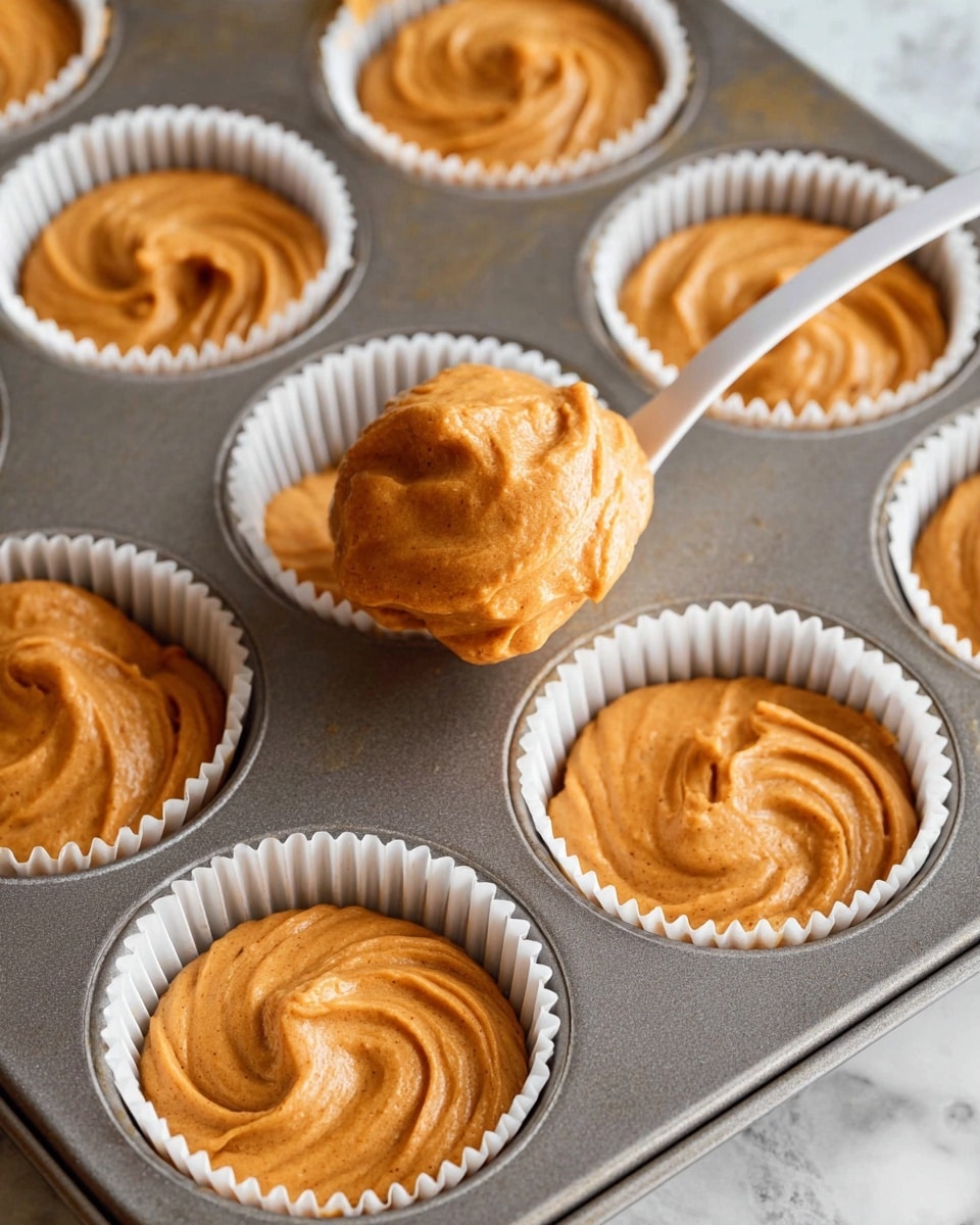 A close-up view of a metal muffin tray filled with pumpkin-colored batter swirled in white paper cupcake liners. There are nine cupcake liners visible, each filled with a smooth, thick, light brown-orange batter that has soft waves and peaks on its surface. At the center, a white spoon holds a generous scoop of the same batter, slightly rounded, showing creamy texture with tiny specks inside. The tray sits on a white marbled texture. Photo taken with an iphone --ar 4:5 --v 7