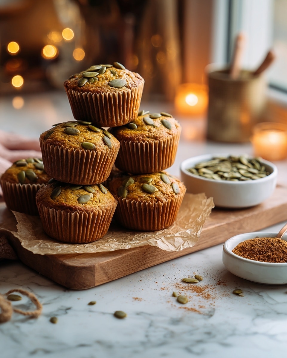 A cluster of six golden-brown muffins topped with green pumpkin seeds is stacked on a piece of parchment paper over a wooden cutting board. The muffins have a soft, slightly textured surface with some pumpkin seeds scattered evenly on top. To the right, there is a small white bowl filled with more pumpkin seeds, and a few seeds are scattered on the white marbled surface next to a small pile of brown powder, likely cinnamon or spice. In the background, warm glowing lights create a cozy ambiance, and some kitchen items with metallic and wood textures are slightly blurred near a window. photo taken with an iphone --ar 4:5 --v 7