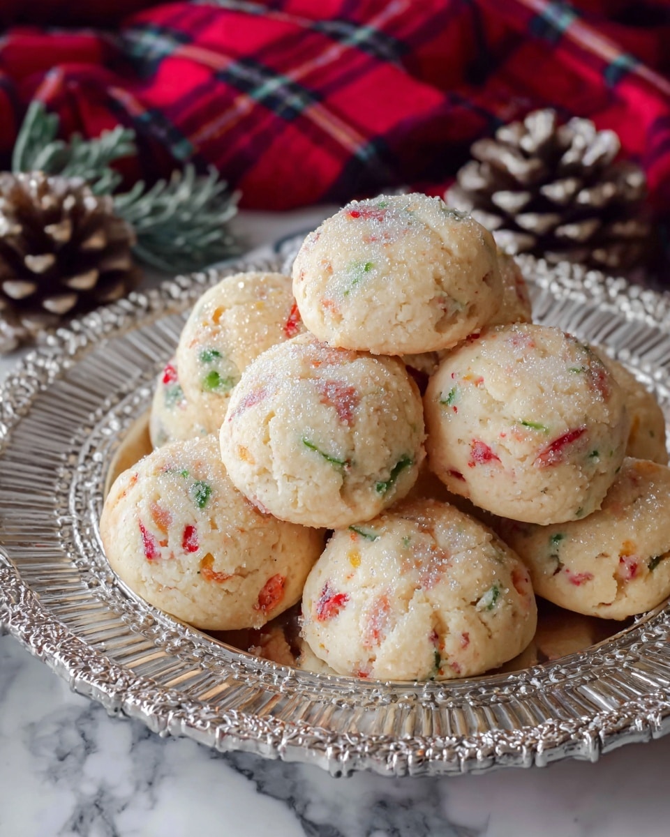 A silver decorative plate holds nine round cookies, each with a light golden color and a soft texture. The cookies have small bits of red and green pieces mixed inside, showing through the dough. They are coated lightly with sparkling sugar crystals on top, giving a slight shine. The plate rests on a white marbled surface with pine cones and a red checkered cloth in the background, creating a cozy holiday feeling. Photo taken with an iphone --ar 4:5 --v 7