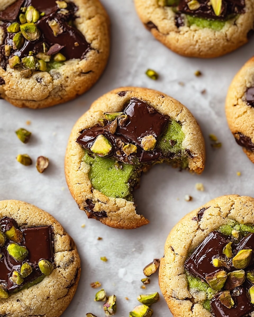 The image shows several round cookies on a white marbled texture, each with a light golden-brown base that looks soft and slightly cracked. Embedded on top are shiny, dark brown chunks of melted chocolate and bright green whole pistachios, creating a contrast of colors. One cookie near the center has a bite taken out of it, revealing a smooth, bright green filling inside that looks creamy and rich. Tiny cookie crumbs and small pieces of pistachio nuts are scattered around the cookies on the surface. Photo taken with an iphone --ar 4:5 --v 7
