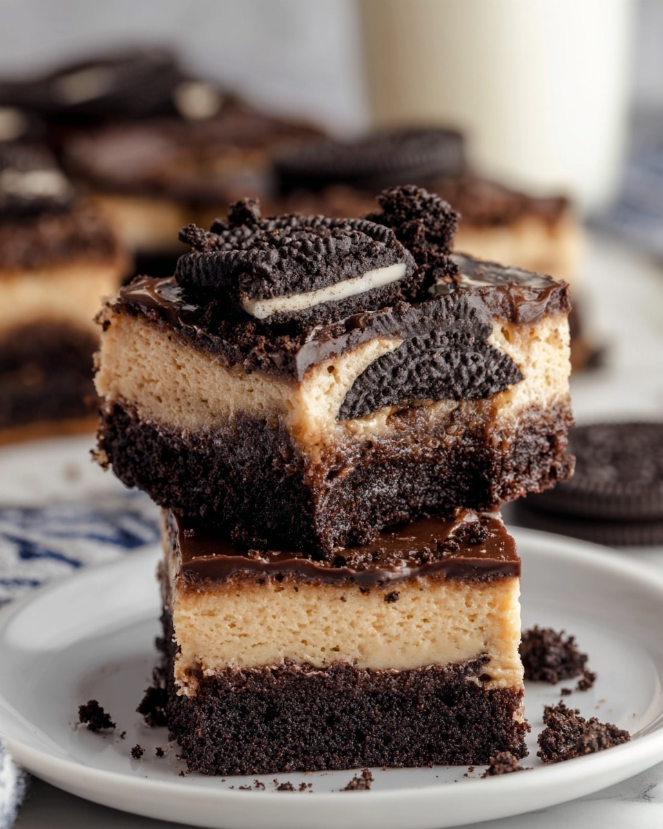 The image shows two stacked square dessert bars with four visible layers. The bottom layer is dark, moist chocolate brownie with a rough texture. Above it is a thin layer of an Oreo cookie with dark black chocolate and a cream filling visible. The third layer is creamy and light beige, resembling cheesecake, smooth but with a slight crumbly texture on the edges. The top layer is thick, glossy chocolate ganache with broken pieces of Oreo cookies scattered on top. The bars are set on a white plate on a white marbled surface. Photo taken with an iphone --ar 4:5 --v 7