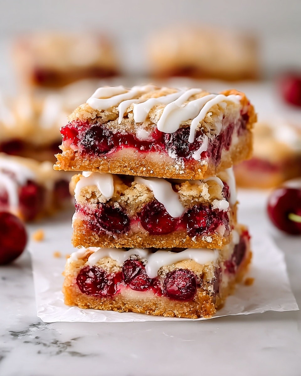 A stack of three thick dessert bars with three visible layers: the top and bottom layers are golden-brown crumbly crust with a slightly rough texture, the middle layer is bright red cherry filling with whole cherries and a glossy, juicy look, and the top is drizzled with white icing in a zigzag pattern that drips slightly over the edges. The stack sits on white parchment paper placed on a white marbled surface. In the background, more bars can be seen out of focus, along with some cherries. Photo taken with an iphone --ar 4:5 --v 7