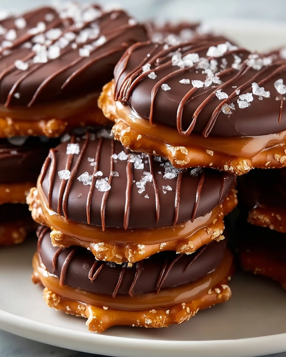 A close-up of round treats stacked on a white plate set on a white marbled surface, each treat showing three layers: a golden brown pretzel base with a rough texture and salt grains, a thick middle layer of smooth caramel with a shiny surface, and a top layer of dark chocolate with a matte finish, drizzled with thin milk chocolate lines and sprinkled with coarse sea salt crystals. The layers are distinctly visible, and the treats are arranged in a slightly overlapping pile, highlighting their glossy, rich textures. photo taken with an iphone --ar 4:5 --v 7