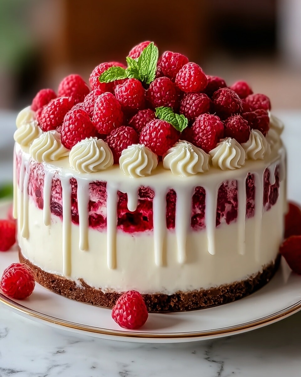 A round cake with three main layers sits on a white plate with a gold rim, placed on a white marbled surface. The bottom layer is a thin dark brown crust, followed by a thick, smooth creamy white middle layer. On top of the middle layer is a thick layer of bright red raspberries closely packed together. White cream drips down from the top edge over the raspberries, and the top layer of the cake has swirls of white cream evenly spaced around the edge. More bright red raspberries are placed on top of the cream swirls, along with a small green mint leaf. A few raspberries are also scattered around the base of the cake on the plate. Photo taken with an iphone --ar 4:5 --v 7