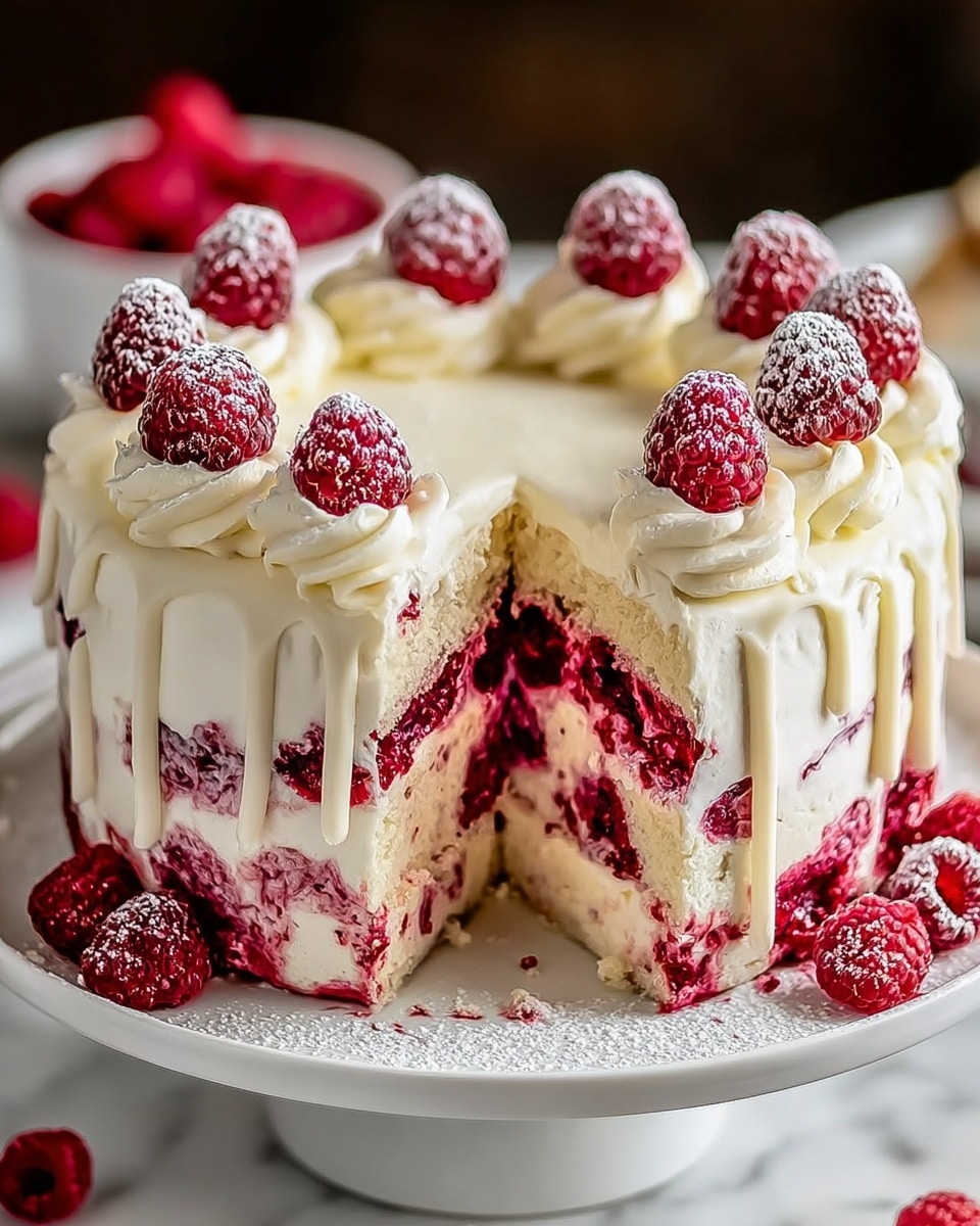 A round cake with three layers sits on a white plate on a white marbled surface. The bottom layer is a light cream color with small bits of raspberry mixed in. The middle layer is filled with bright red whole raspberries surrounded by white cream. The top layer is covered with thick white cream that drips over the edges. On top of the cake, there are swirls of white cream evenly spaced around the edge, each topped with a single fresh raspberry dusted lightly with powdered sugar. More powdered sugar is scattered around the base of the cake and on the white plate. photo taken with an iphone --ar 4:5 --v 7