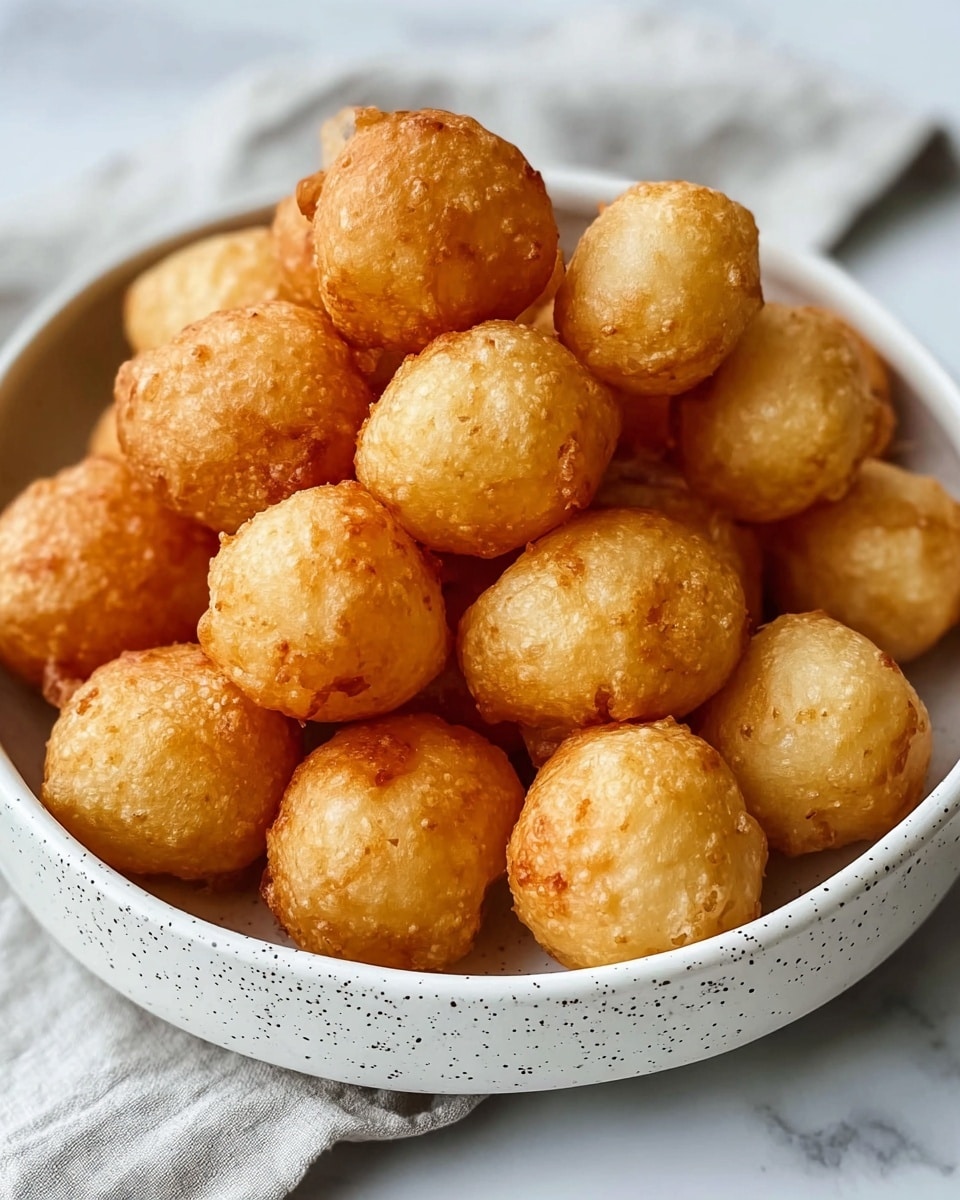 A white speckled bowl filled with around twenty small, golden-brown fried dough balls, each ball having a slightly rough, crispy texture with some areas lighter and others darker golden. The dough balls are piled loosely, showing their round, irregular shapes. The bowl sits on a white marbled surface with a hint of a soft cloth underneath. Photo taken with an iphone --ar 4:5 --v 7