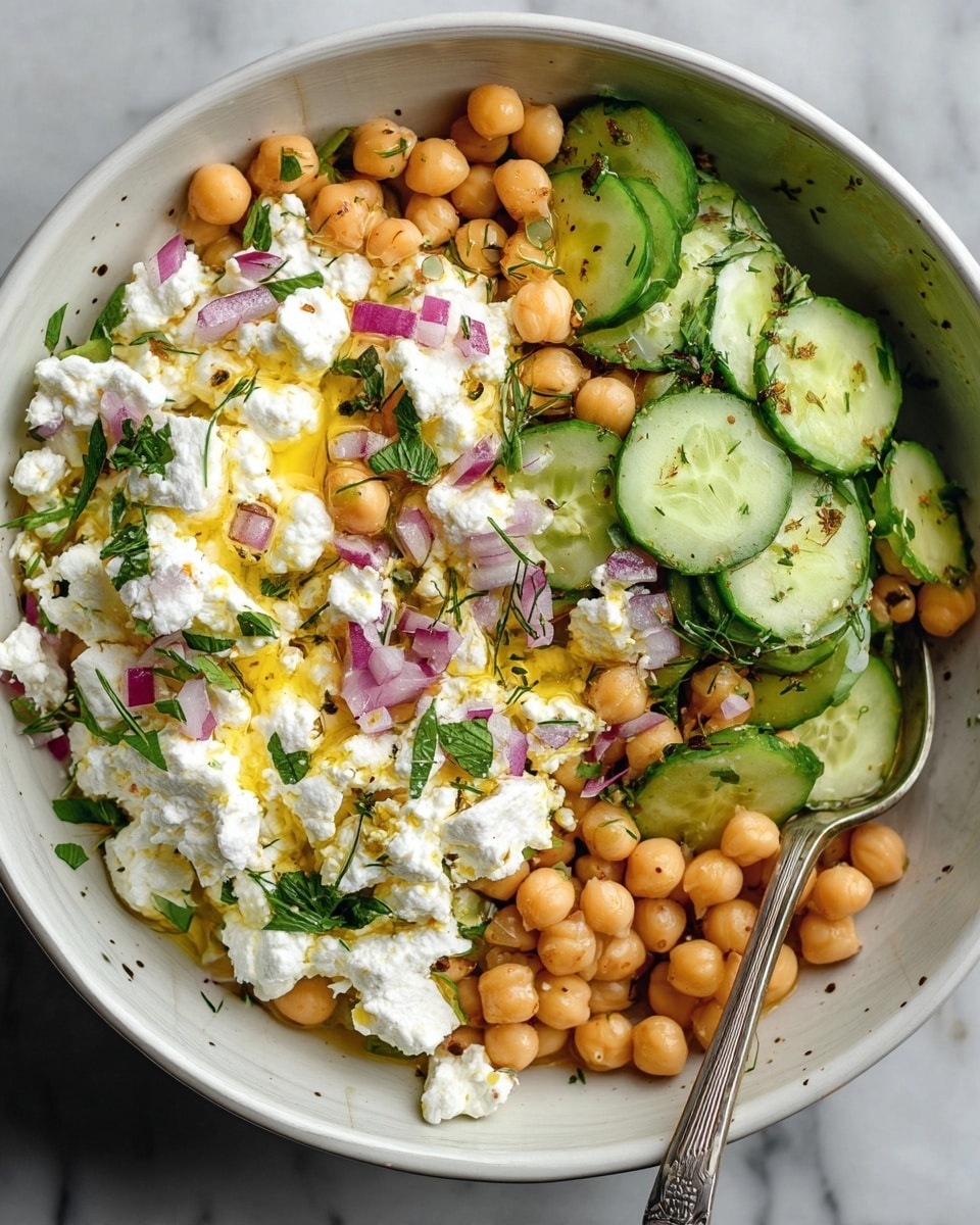The image shows a white bowl filled with a fresh salad consisting of three main layers. The bottom layer is made of light brown chickpeas, giving a round and smooth texture. On top of that, thin cucumber slices add a green, fresh layer with a mild shine. The next layer is full of soft, white cottage cheese chunks, mixed with small shreds and drizzled with a little yellow oil or dressing. Red onion pieces and chopped green herbs are sprinkled evenly over the cheese, adding small spots of purple and green colors. The bowl sits on a white marbled surface, and a spoon is placed on the right side inside the bowl. photo taken with an iphone --ar 4:5 --v 7