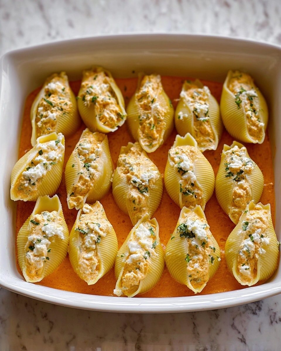 A white ceramic baking dish holds about fifteen large pasta shells arranged in three rows. Each shell is filled with a creamy, light orange mixture with small bits of white cheese and flecks of green herbs on top. The pasta shells are bright yellow with a ridged texture. Underneath the pasta shells is a thin layer of orange sauce, visible around the edges. The dish is set on a white marbled surface. Photo taken with an iphone --ar 4:5 --v 7