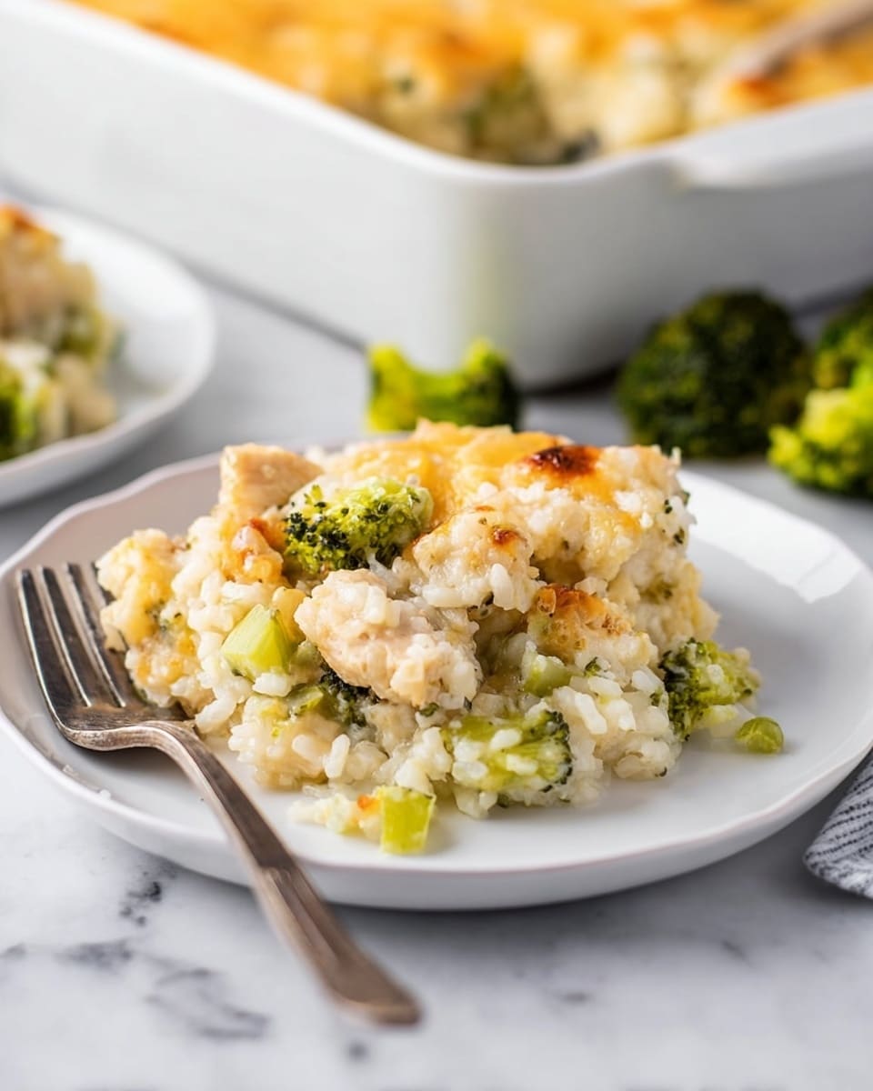 A white plate on a white marbled surface holds a warm serving of baked casserole with three main layers; the bottom layer is soft white rice, the middle consists of small green broccoli pieces and light-colored chicken chunks, and the top layer is a golden brown, slightly crispy melted cheese crust with hints of browned spots. A silver fork is placed on the left side of the plate, partially under the food, and a few pieces of broccoli are scattered in the background near the edge of a white rectangular baking dish filled with more of the casserole. Photo taken with an iphone --ar 4:5 --v 7