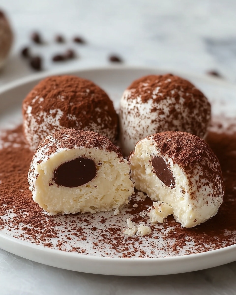 The image shows four round cream-covered dessert balls on a white plate with cocoa powder dusted on them and the plate. Two balls in front are cut in half revealing three layers: a thick outer white creamy layer, a middle thin dark chocolate layer, and a bottom pale cream layer. The texture of the outer cream looks soft and fluffy, while the cocoa powder adds a dusty brown color on top. In the background, there is a white bowl filled with dark brown coffee beans, sitting on a white marbled surface. photo taken with an iphone --ar 4:5 --v 7