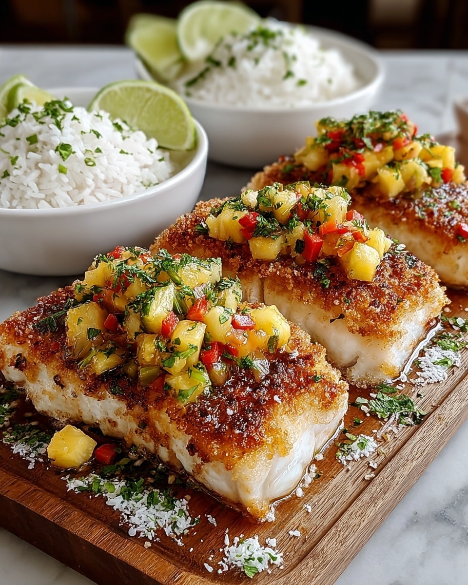 The image shows three pieces of cooked fish with a crispy golden brown crust, arranged side by side on a wooden board. Each fish piece has a topping made of small diced yellow pineapple, red bell pepper, and green herbs, adding a fresh, colorful contrast. Around the fish, there are small green herb sprinkles and some white flakes, possibly coconut or cheese. Behind the fish, two white bowls filled with white rice topped with herbs are visible, along with slices of lime. The setting is on a white marbled surface. photo taken with an iphone --ar 4:5 --v 7