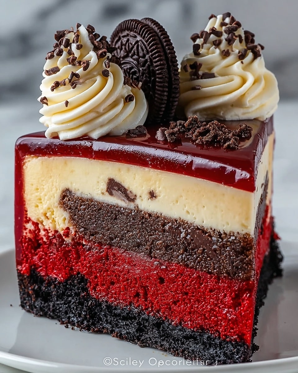 The image shows a slice of layered cake with five distinct layers. The bottom layer is a dark chocolate crumb crust, rough and crumbly in texture. Above it is a thick, smooth red velvet layer with a rich, deep red color. Next comes a denser dark chocolate cake layer with a crumbly texture. This is topped by a creamy, pale yellow cheesecake layer that looks smooth and firm. The top of the slice is covered with a shiny, dark red jelly glaze. On top of the cake are two whole chocolate sandwich cookies placed in the back, behind two large, white swirls of whipped cream decorated with small chocolate crumbs. The slice is on a white plate sitting on a white marbled surface. Photo taken with an iphone --ar 4:5 --v 7