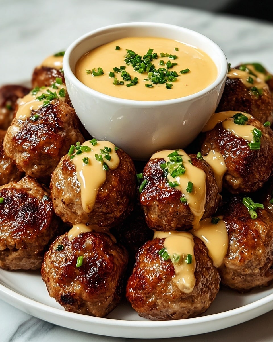 A white shallow bowl holds a pile of shiny, browned meatballs arranged closely together, each topped with a light tan creamy sauce that drips slightly down their sides and is sprinkled with small green herb pieces. In the middle of the bowl, there is a smaller white bowl filled with the same tan sauce, also garnished with chopped green herbs. The background is a white marbled texture that softly contrasts with the rich colors of the meatballs. photo taken with an iphone --ar 4:5 --v 7
