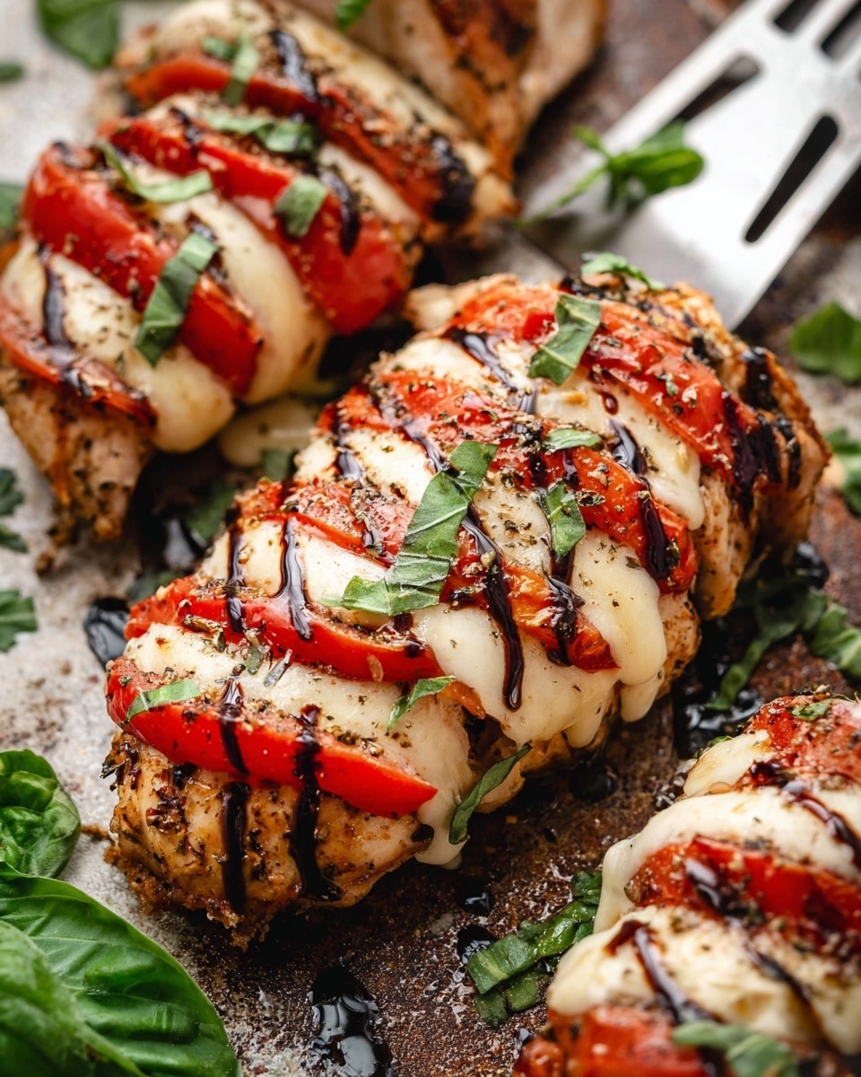 The image shows three pieces of grilled chicken breasts with several layers sliced and stacked closely. Between each chicken layer, there are thin red tomato slices and white melted cheese layers, alternating evenly. The chicken is seasoned with black pepper and small green basil leaf pieces scattered on top and between the slices. A dark brown balsamic glaze is drizzled over the whole dish. The pieces are placed on a dark grilled surface with a silver serving spatula partly visible. Some loose green basil leaves are around the chicken, all set on a white marbled textured background. Photo taken with an iphone --ar 4:5 --v 7