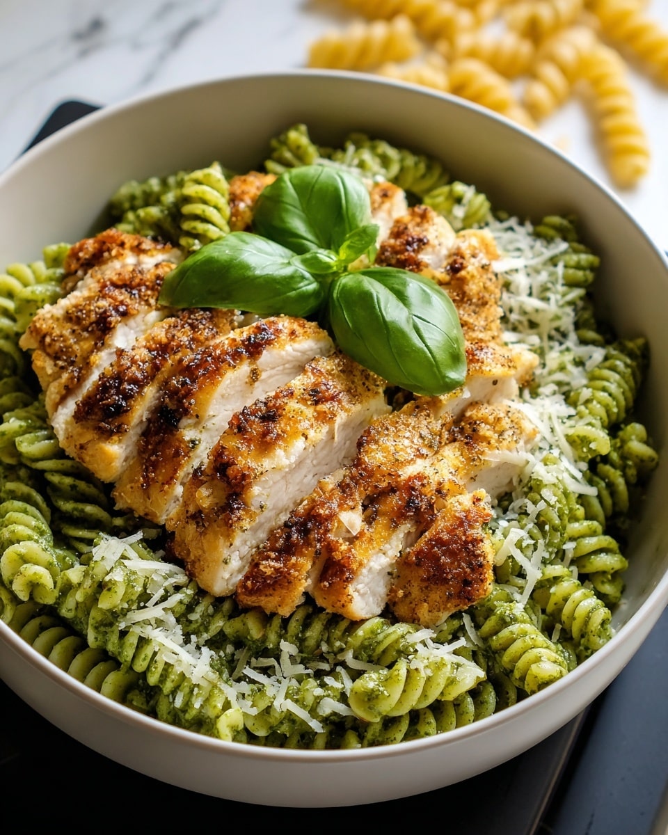 A white bowl filled with a layer of green pesto-coated fusilli pasta at the bottom, topped with a sliced golden-brown crispy chicken breast arranged neatly in the center. The chicken has a crunchy texture with light brown and dark grilled spots. Some grated white cheese is sprinkled over the chicken and pasta. Fresh bright green basil leaves are placed on top near the chicken for garnish. The bowl sits on a white marbled surface with some uncooked pasta pieces blurred in the background. photo taken with an iphone --ar 4:5 --v 7